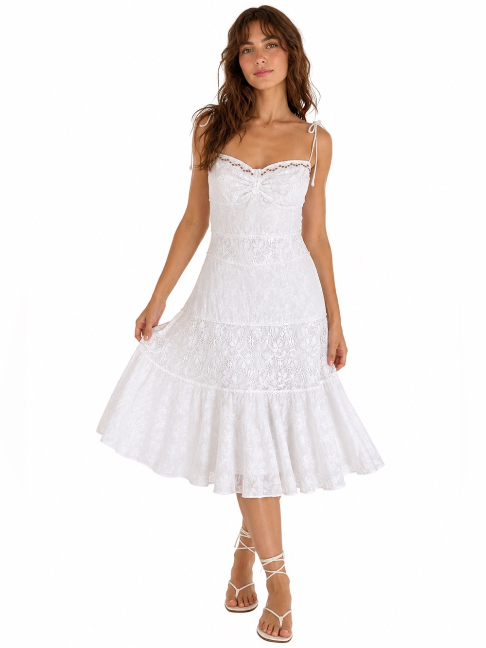 BISOU BISOU Michele Bohbot White Cotton Lace Sundress Boho Coastal Cowgirl‎ 14